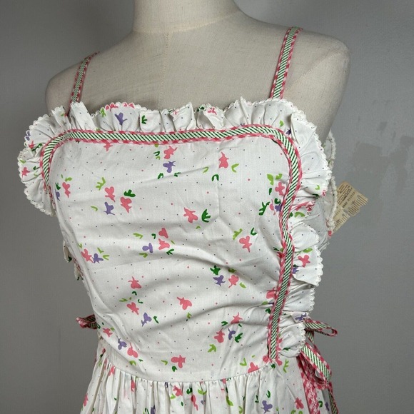 Vintage 70s Bill Tice Sz 14 White Floral Apron Midi Prairie Cottage Dress NWT - Picture 2 of 12